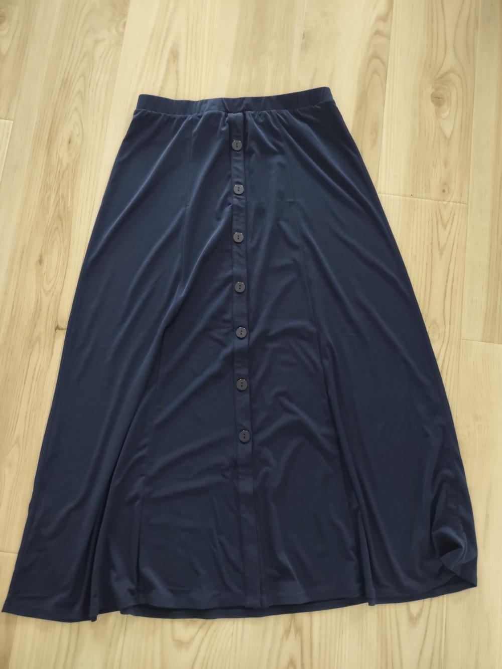 Susan Graver Liquid Knit Maxi Skirt Medium Navy Blue Pull On Long Button